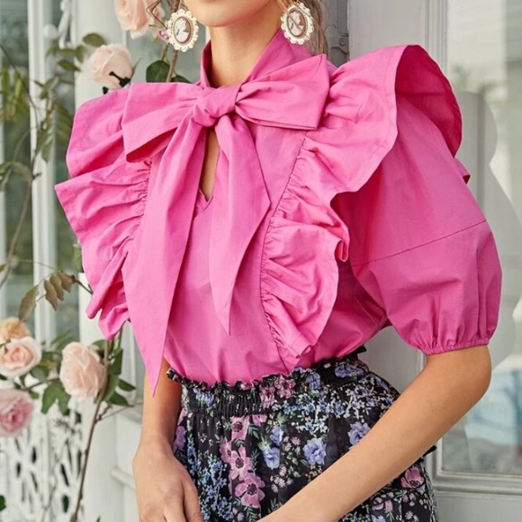 SheIn Hot Pink Ruffle Bow Blouse Large
